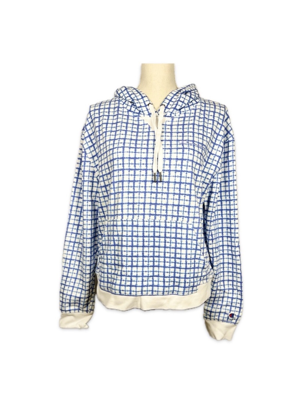 Champion Blue White Grid Hoodie Pullover Large Kangaroo Pocket Casual Streetwear